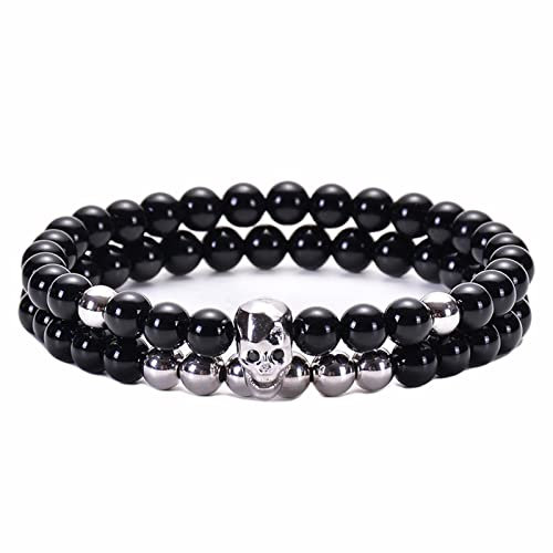 Whoiy Perlenarmband Damen, Paar Armband Onyx Kupfer Schwarz 2 Lagiges Schwarzes Onyx Hämatit Set mit Totenkopf Perlenarmband 19cmx8mm
