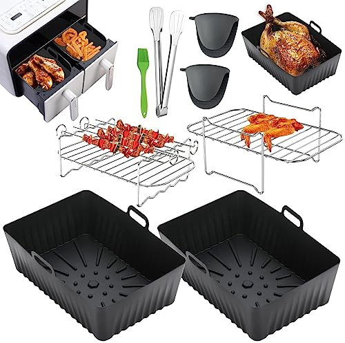 Snewvie Silicone Air Fryer Liner, 8 PCS Dual Accessories for Ninjas AF300UK AF400UK, 8.46inch Reusable Liners &Silicone Gloves & Rack&Food Clip, Oven, Microwave, #6 8pcs Upgraded Large Black
