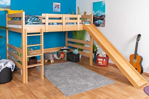 Großes Hochbett mit Rutsche 120 x 200 cm, Buche Massivholz Natur lackiert, umbaubar in ein Einzelbett, Easy Premium Line K31/n