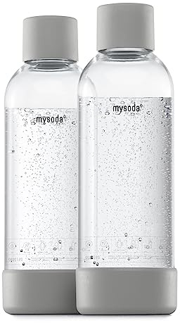 Mysoda: Wasserflasche für Wassersprudler, BPA-freies Plastik, mit Quick-Lock Schnellverschluss, Details aus Holzkomposit, 2 x 1L - Grau