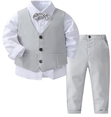 ranrann Abito Completo da Battesimo Bimbo Neonato Completini Cerimonia 4 Pezzi Gilet Camicia Fiocco Pantaloncini Set di Vestiti Gentile Formale Tuta per Festa Matrimonio Grigio 5-6 Anni
