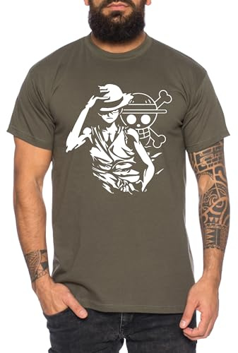 Ruffy Hand - T-Shirt Homme Chapeau de Paille Luffy Zoro One Monkey D. Pirate Ace Piece Goku Anime Ruffy, Taille:3XL, Couleur:Kaki