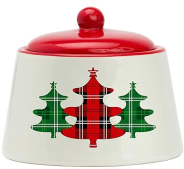 Amici Home Azucarero de Navidad con tapa, cuenco de sal de 8 onzas para encimera de cocina, recipiente de cubo de azúcar con tapa de cerámica con diseño de árbol de Navidad a cuadros, 4 x 2.25