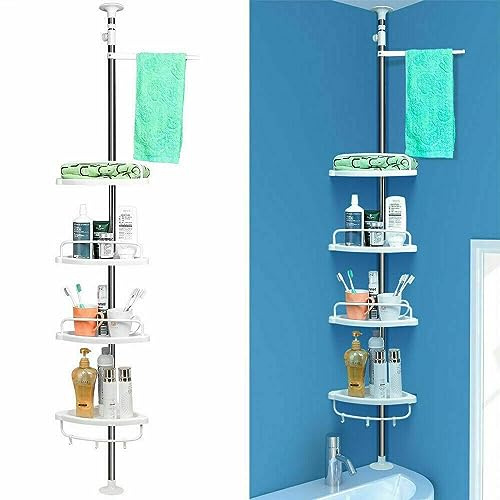 Scaffale Angolare per Doccia Bagno Telescopico 4 Mensole Con Ganci angoliere