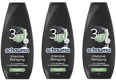 Schauma 3in1 Shampoo Intensive Reinigung (3x 400 ml), Haarshampoo für Haare, Körper und Gesicht, 3in1 Shampoo mit Aktivkohle und Tonerde reinigt das Haar gründlich