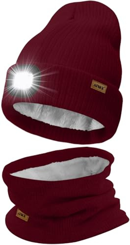 ATNKE LED Mütze mit Licht und Schal Set, Wiederaufladbare USB 4 LED Beleuchtete Laufmütze Winter Warme Gefütterte Fleece Halsschlauch und Stricken Mütze für Herren und Damen Geschenke