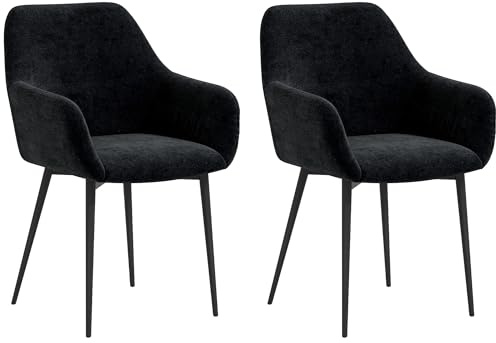 HOMCOM Set 2 Sedie Sala da Pranzo Imbottite in Stile Nordico, Sedie Cucina in Tessuto, Poltrona Imbottita con Braccioli e Gambe in Acciaio per Soggiorno, 54x57x80 cm, Nero