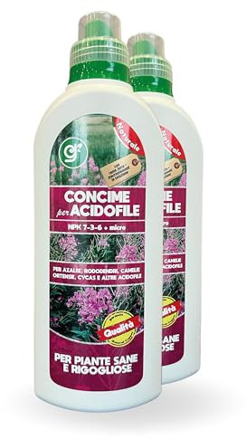 Concime Speciale per Piante Acidofile - NPK 6.9-3-6 con Rame e Ferro - Nutrizione Completa per Azalee, Rododendri, Camelie, Ortensie e Cycas 1l