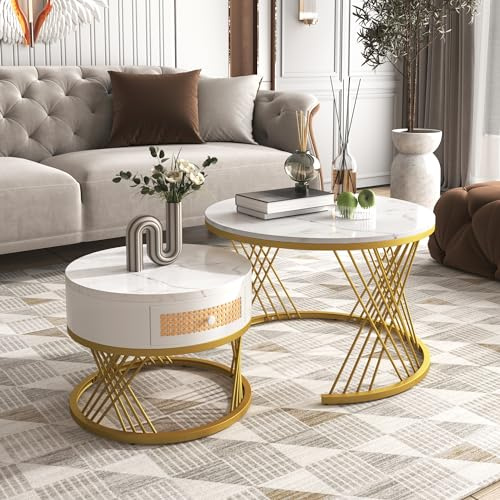 Merax Rund Couchtisch Set, 2-in-1 Beistelltisch 2er Satztisch mit Stauraum Modern Wohnzimmertisch mit Hochglanz-Marmor-Optik, Golden Metallgestell/Rattan-Schublade, für Wohnzimmer Büro(Weiß)