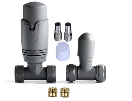 Team Controls Anthracite Grey Straight TRV Thermostatic Radiator Valve & Lockshield 10mm Pack Set Pair-inc 2no. 10mm Inset Reducer