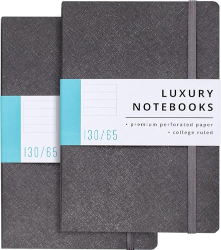 MOVASEE Notizbuch A5 Liniert mit Kunstledereinband – 2er Set, 130 Seiten, 120 g/m² Cremefarbenes Papier – Klassisches Design in Schwarz und Grau, 21 cm x 14.25 cm