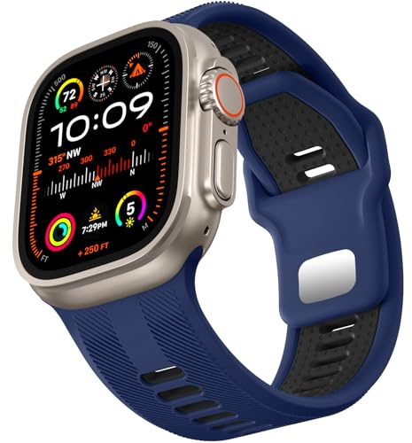 Dirrelo Rem kompatibel med Apple Watch Ultra 2 49 mm 46 mm 45 mm 44 mm 42 mm för män, 26 mm brett tvåfärgat mjukt sportband i silikon för iWatch SE Ultra 2 Series 1-10, mörkblå/svart