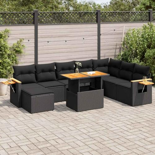 UJCHVHN Home Garden, 7-teiliges Gartensofa-Set mit Kissen, Polyrattan, Akazie, Schwarz
