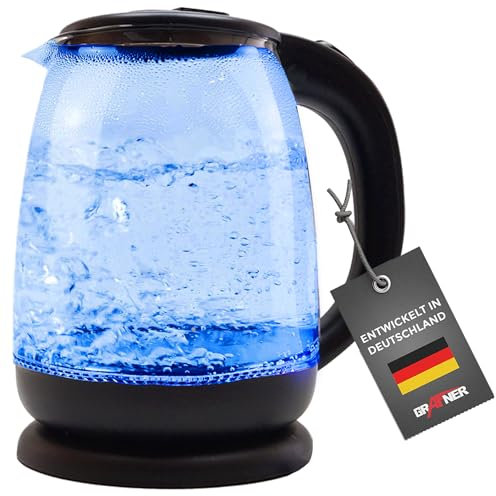 Bouilloire en verre Grafner Design 1,8 litre, 1800 watts, avec éclairage LED bleu, protection contre la mise en marche à sec, sans BPA, base à 360°, élément chauffant en acier inoxydable, poignée Cool