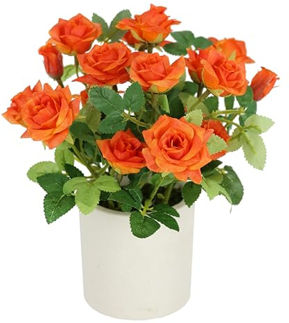 Wildröschen im Topf 32cm Deko Kunstblume Rosen Kunstrosen Wildrosen Kunstpflanze Blumen Künstliche Seidenblume Hochzeitsdeko Blumenstrauß Tischdeko Blumendeko Dekoblume Topfblume Topfpflanze, orange