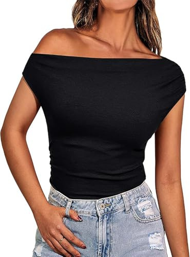 Necooer Ladies Y2k Tight Tops Sleeveless Vest Strapless Asymmetric Slim Sexy One Shoulder Tops One Neck Ribbed Black Tank Top(M,Black)