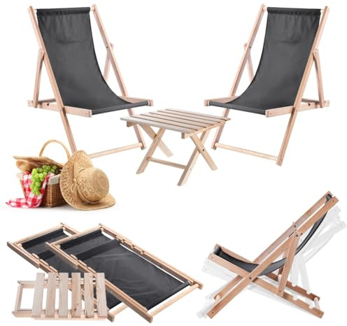 KADAX Klapptisch mit 2 Liegestühlen, Kleiner Gartentisch aus Holz, Beistelltisch für Balkon und Garten, Kaffeetisch, Balkontisch klappbar (Dunkelgrau)