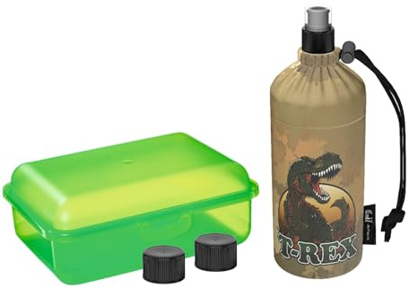 Emil T-Rex Gourde en verre avec boîte à sandwich et bouchons de rechange – Kit de démarrage pour la rentrée des classes – Sans BPA et sans substances nocives – Isolant – Bouchon à tirer pour l'eau, le