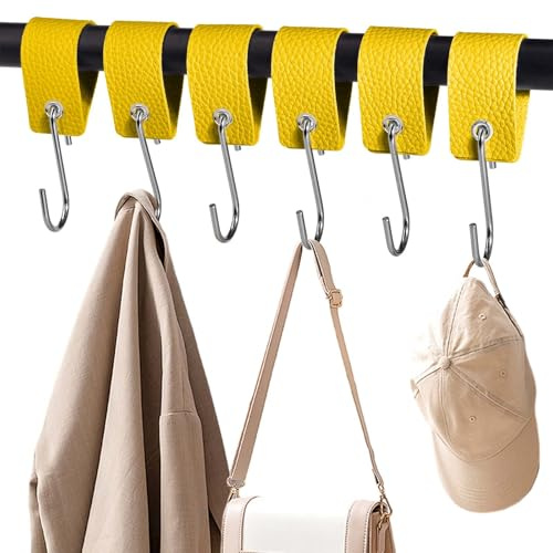 XHTXHT 6 Stück S Haken mit Lederschlaufe,haken für Kleiderstange Gelb | Haken Garderobe Kleiderhaken Edelstahl für Garderobe Küche Badezimmer Camping
