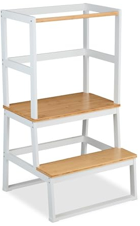 Relaxdays Torre Montessoriana Bambini da 1 Anno, Scaletta di Apprendimento, Learning Tower, 93x50x48,5 cm, bambù, Bianco