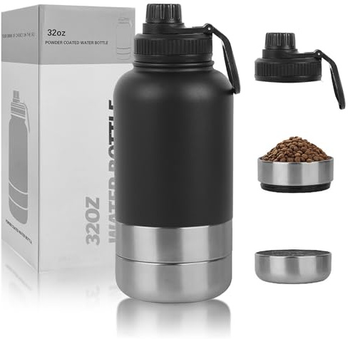 32oz 2 en 1 Botella para perros para viajes, acero inoxidable 304, botella para perros para viajes con comedero y cuenco de agua, botella térmica para personas y perros, perfecta para exteriores