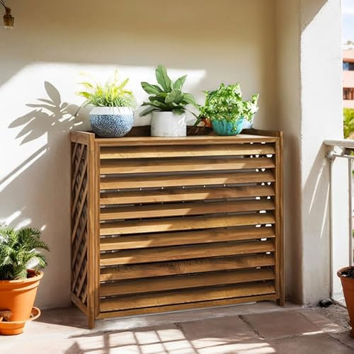 Abdeckung für Klimaanlagen aus Holz, wetterbeständig, mit Blumenstütze, für Pflanzen, Gartendekoration, langlebiges Kiefernholz, Wärmepumpenschild