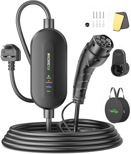 Evjuicion EV Charger 3 Pin Plug 8M, [2.3kW, 10A] EV Charger Cable Type 2 to 3 Pin Plug, IP67/IP65 Electric Car Charger Type 2 Charging Cable with Carry Bag