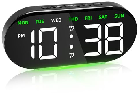 Indrnif Sveglia digitale con grande display a LED, orologio digitale con luce notturna, snooze, data, temperatura e giorno della settimana, luminosità regolabile, doppia sveglia 12/24H, per scrivania