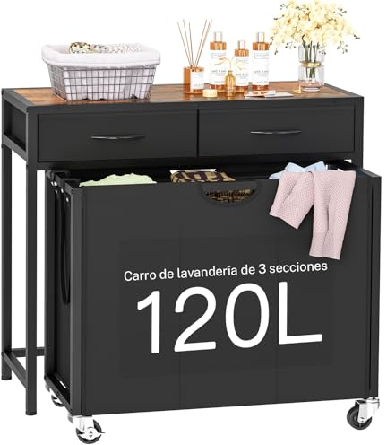FIONESO Panier a Linge 3 Compartiments, 120 L Bac a Linge avec 2 Tiroirs, Panier Linge Compartiments Roulettes avec Panneau Supérieur Bicolore, pour Buanderie, Salle de Bain, Entrée, 80 x 32 x 76.5 cm