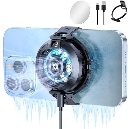 Olycism Magnetic Phone Cooling Fan with Magnetic Sticker Phone Clip Temperature Display LED Compatible with iPhone iPad Android Tablet Color Light