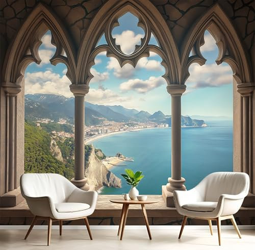 Fotomurales Decorativos Pared Fotográfico TV, Ventana De Arco Foto Mural, Azul océano 3D Papel Pintado, Arquitectura Gótica Estéreo 3D Fotomurales, 250Anx175Al cm