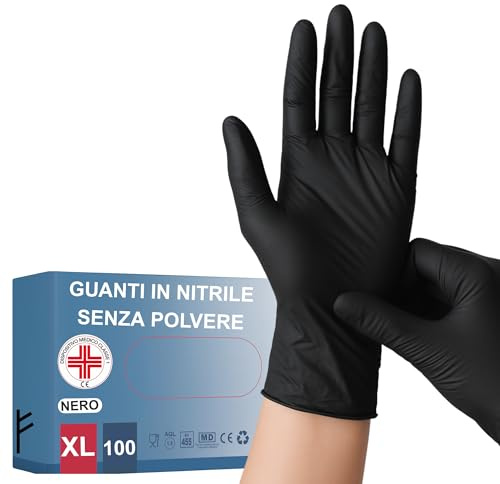 Medical 100 Guanti NITRILE MONOUSO Resistenti senza polvere Dispositivo Medico ipoallergenici senza lattice | Medici Chef Estetisti Tatuatori Uso Alimentare | Varie Taglie Disponibili (Nero, XL)