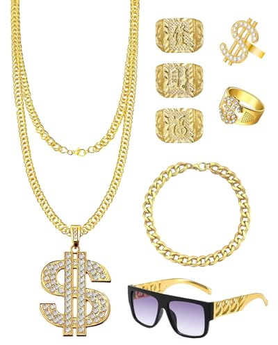 XdealCozyxc 8 PCS 80s 90s Rapper Fake Gold Chain Set, Hip Hop Jewelry for Men Women Party Costume Cosplay Decorations