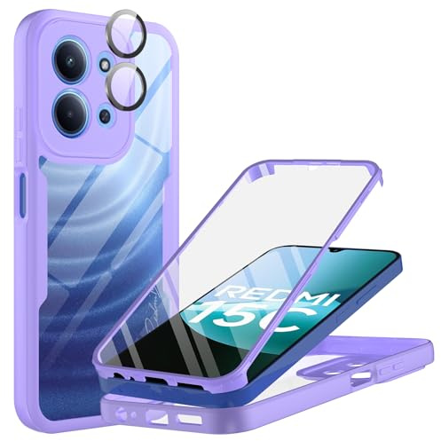 MQERYBV Coque pour Xiaomi Redmi 15C 4G/5G, Antichoc Housse avec Protection écran Dureté Caméra Arrière Protecteur Intégrale 360°Protection Double Face Case Bumper Robuste Transparente, Violet