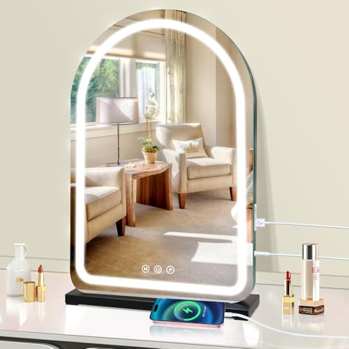 halumao Schminkspiegel mit Beleuchtung, 40 x 60 cm Hollywood schminktisch Spiegel mit Beleuchtung, 3 Modi Dimmbar Tischspiegel mit Touch-Schalter USB-Ladeanschluss schwarz