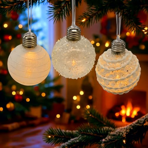 LED Weihnachtskugel satiniert 8 cm inklusive Batterie - 3er Set - Kunststoff Baumkugeln warm weiß beleuchtet - Christbaumkugel Baumschmuck Leuchtkugel Dekokugel mit Licht Weihnachtsbaum Deko