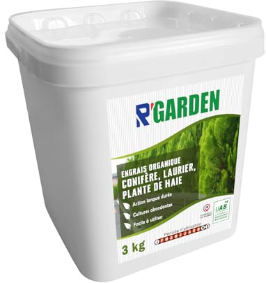 R’GARDEN | Engrais organique Conifères, Lauriers & Plantes de haie – NPK 3-2-5 + 2 MgO | Action longue durée, reprise vigoureuse & feuillage dense | UAB (Agriculture Biologique) | Conditionné e (3KG)