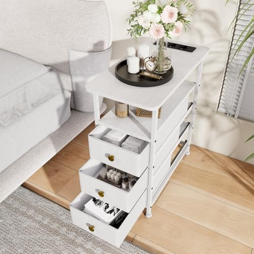 BestAlice Nattduksbord i trä med 3 lådor, sidobord soffa med laddningsfunktion och LED, konsolbord med låda, möbler med uttag, sidobord för vardagsrum sovrum, vitt