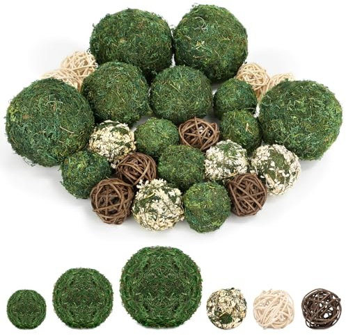 Lezmarket 24 Pcs Decorative Moss Balls for Centerpiece Bowls - Assorted Sizes Fake Moss Balls+Wicker Rattan Balls+Flower Balls, Artificial Greenery Vase Fillers for Home Garden Farmhouse Rustic Decor