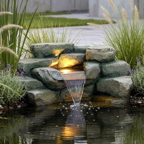 Cascata su roccia artificiale con LED per laghetto, set completo con pompa da 5 W e tubo, decorazione per laghetto in effetto pietra, gioco d'acqua per laghetto da giardino