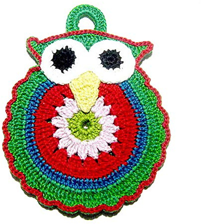 Presina Gufetto Verde ad Uncinetto 13x18 cm, in Cotone, Protezione Calore Cucina, Idea Regalo Mamma e Nonna (25-1PRS)