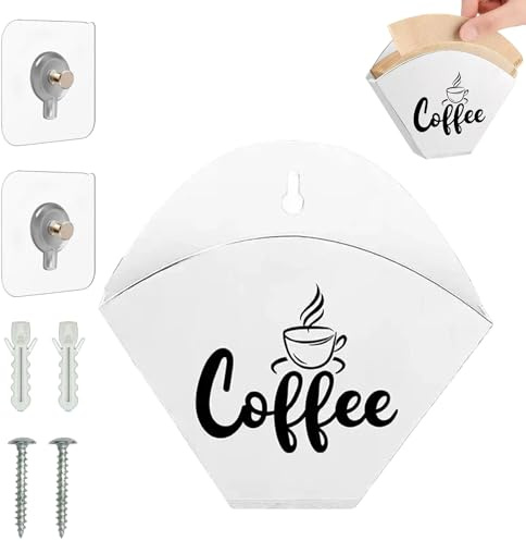 YEDOUALE Kaffee Filterhalter aus Holz Weiß mit 2 Klebehaken und 2 Schraubensets Platzsparende Aufbewahrung für Kaffeefilterpapier Küche Café
