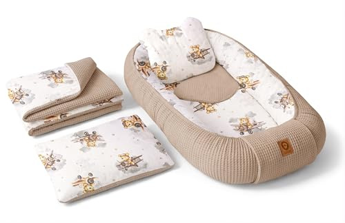 Babynest Nestchen Baby Set für Neugeborene – 5-teilig – Kuschelnest aus 100% Baumwolle & Waffelpique – Babykokon tragbar – für Babybett, Kinderbett & Kinderwagen – OEKO-TEX - Flugzeuge und Braun