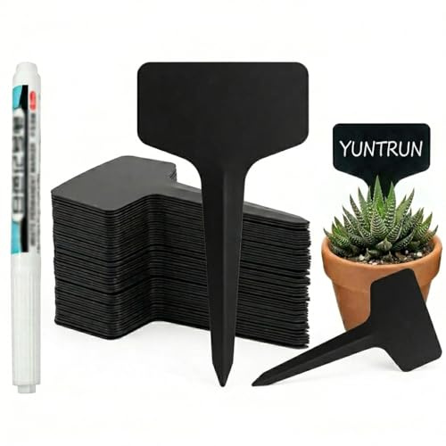 YUNTRUN 100 Pack Plant Labels for Outdoor Plants with Outdoor Marker Pen, 6x10cm Reusable Plastic Plant Tags Garden Markers Labels, Thick Waterproof Tags for Potted Herbs & Greenhouse