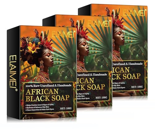 P-Beauty African Black Soap - Afrikanische Schwarze Seife Vegan, Naturseife für Gesicht, Körper & Haare - Gesichtsseife, Körperseife, Haarseife - Gegen Pickel, Mitesser & Unreinheiten - 3x100g