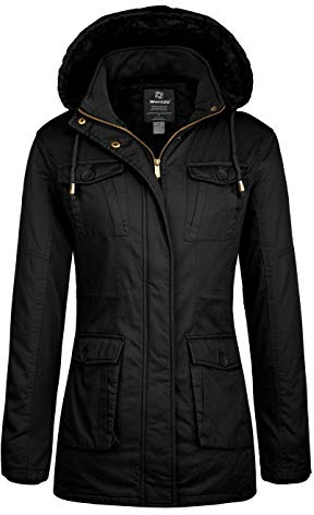 wantdo Women's Winter Parka Cotton Anorak Adjustable Hood Warm Black XL