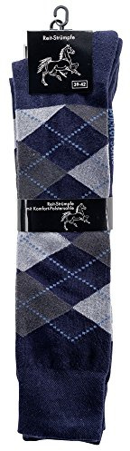 krautwear® 2 pares de calcetines de equitación para mujer, hombre, niña, niños, hasta la rodilla, calcetines de equitación, suela acolchada, regulan la temperatura, diseño de cuadros de algodón, azul