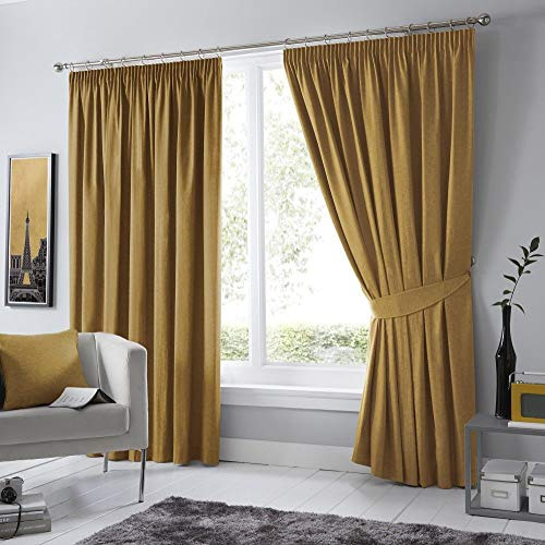 Fusion Ochre Yellow W66 x L72x Pencil Yellow-2x Panels Bedroom & Living Room-Pleated Curtains and Drapes in Mustard, Blackout/Thermal Insulated, 66 Width x 72 Drop (168 x 183cm)
