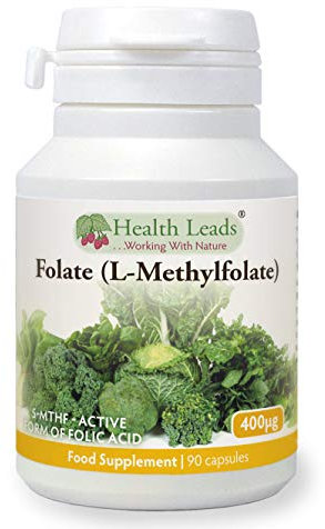 Folate (L-Methylfolate) 400μg x 90 Capsules - 5-MTHF Active Form of Folic Acid/Vitamin B9 - Supports Normal Maternal Tissue Growth During Pregnancy - PRENATAL- Magnesium Stearate Free - Made in Wales