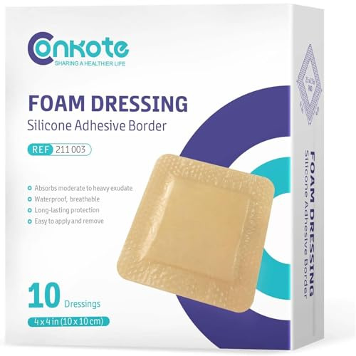 Conkote Silicone Adhesive Foam Dressings 4'' X 4'', Waterproof Bandages for Wound Care, Box of 10 Dressings